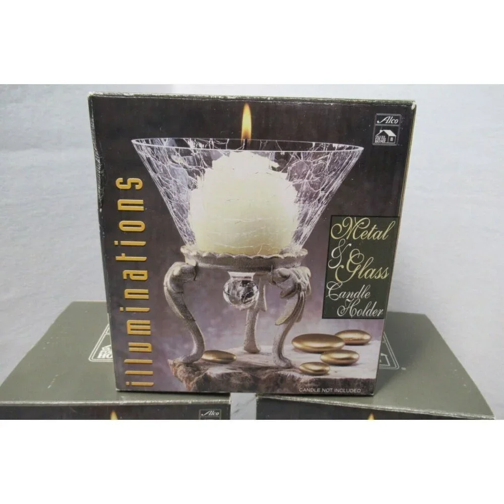 Illuminations Antique White Metal & Glass Candle Holders Set of 3 NOS Alco